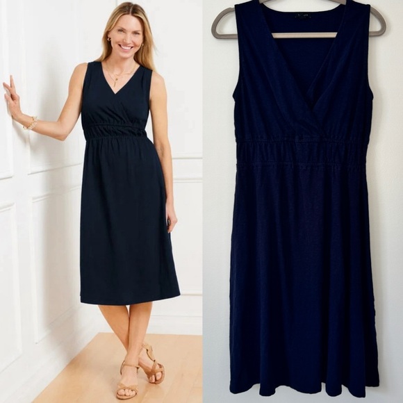 Talbots Dress Nantucket Slub Sleeveless Fit & Flare Blue Wrap Waist V Neck Sz M - Picture 1 of 14